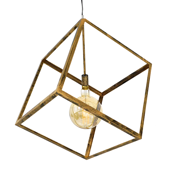 GloboStar® CUBE 01674 Μοντέρνο Κρεμαστό Φωτιστικό Οροφής Μονόφωτο Χρυσό Σκουριά Μεταλλικό Πλέγμα Μ70 x Π70 x Υ87cm