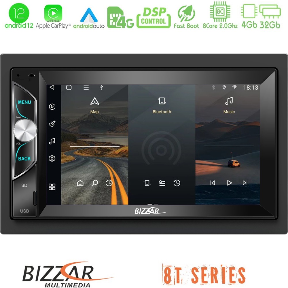 Bizzar oem 2din Deck 8core Android12 4+32gb Navigation Multimedia Deckless 7 με Carplay/androidauto u-8t-2069