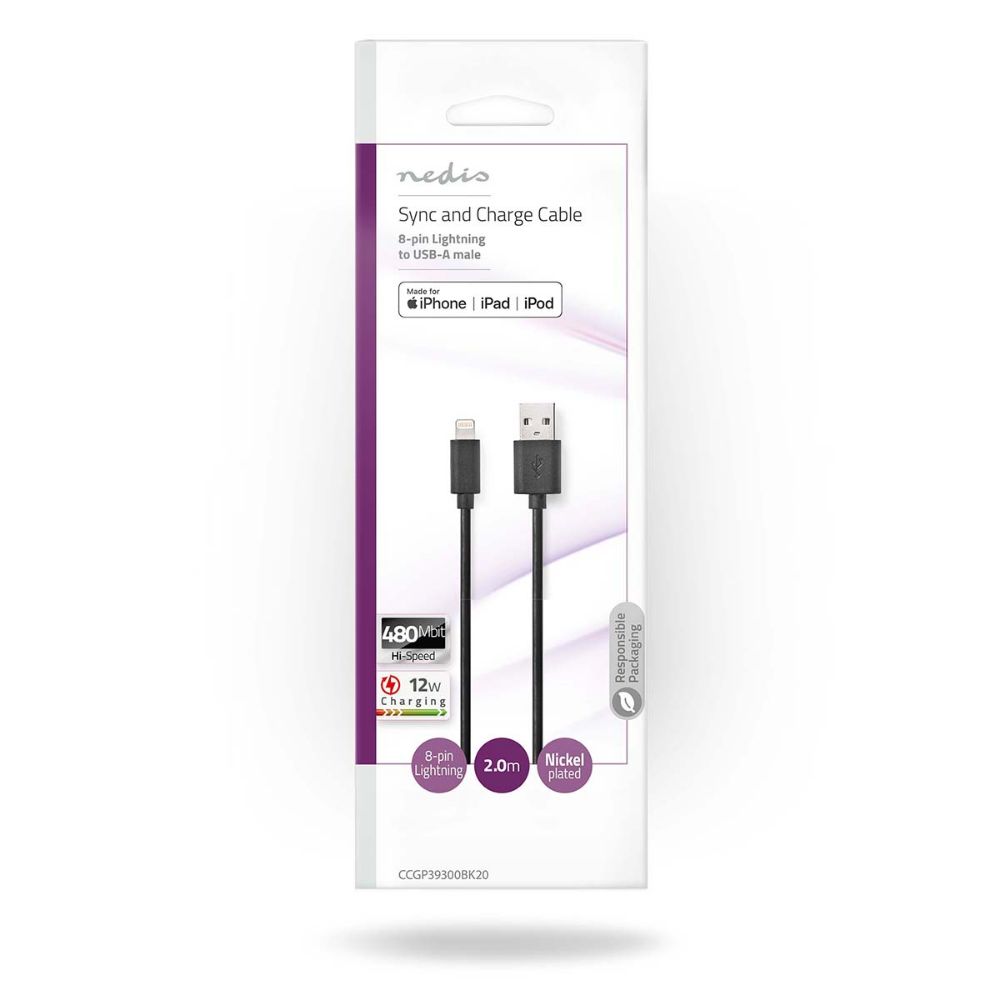 Nedis Regular USB to Lightning Cable Black 2m (CCGP39300BK20) (NEDCCGP39300BK20)