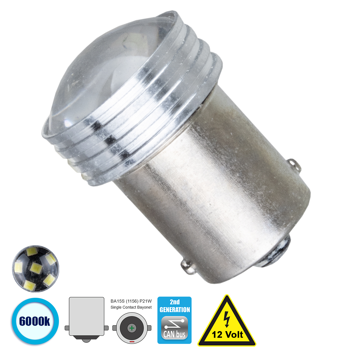 GloboStar® P21W 1156 81204 Λάμπα Αυτοκίνητου 2nd Generation Can-Bus Series LED 6 SMD 2835 3W 450lm 120° DC 12V IP20 Ψυχρό Λευκό 6000K