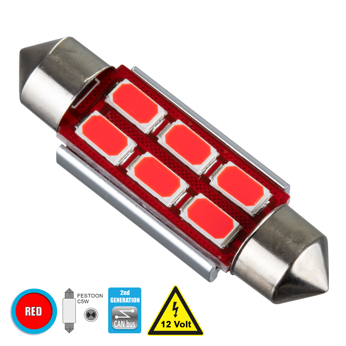 GloboStar® C5W 81318 Λάμπα Αυτοκίνητου 39mm FESTOON 2nd Generation Can-Bus Series LED 6 SMD 5630 4W 480lm 120° DC 12V IP20 Κόκκινο