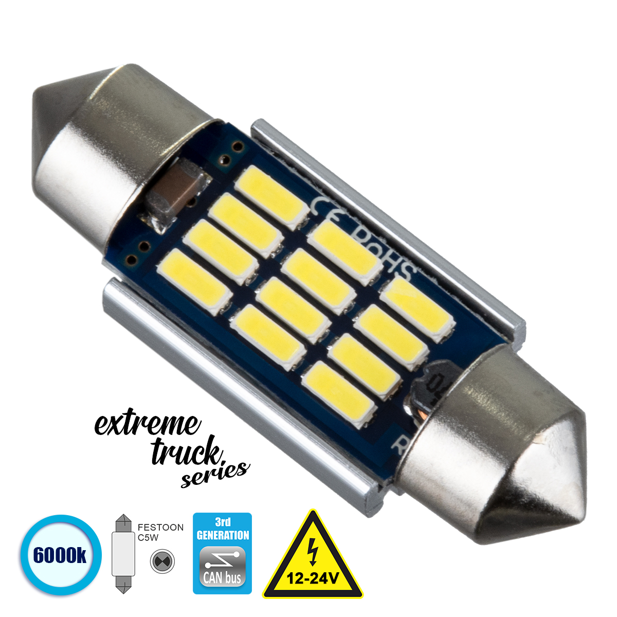 GloboStar® C5W 81329 Λάμπα Αυτοκινήτου & Φορτηγού 36mm FESTOON 3rd Generation Can-Bus Extreme Truck Series LED 12 SMD 4014 3.6W 540lm 120° DC 12-24V IP20 Ψυχρό Λευκό 6000K