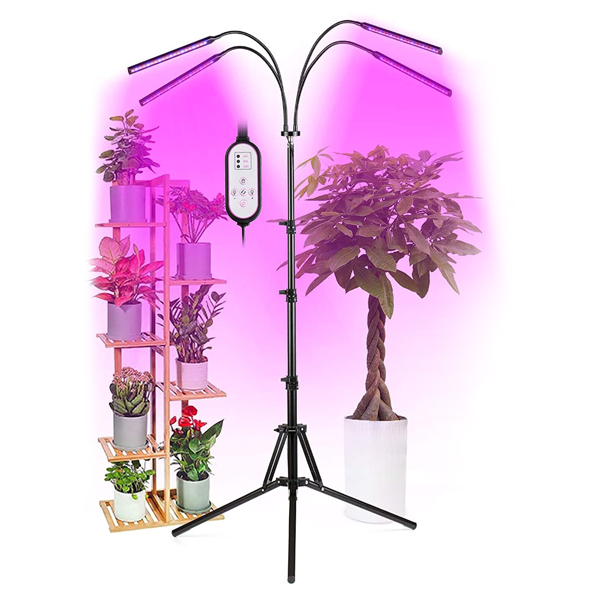 GloboStar® 85956 Grow Light Full Spectrum LED Φωτιστικό Ανάπτυξης Φυτών Γλάστρας με 4 Κινούμενες Κεφαλές & Τρίποδο 150cm SMD 2835 20W 180° AC230V IP20 με Dimmer & Timer Εσωτερικού Χώρου για Κάλυψη Επιφάνειας 1m x 1m Πλήρους Φάσματος Φωτισμού