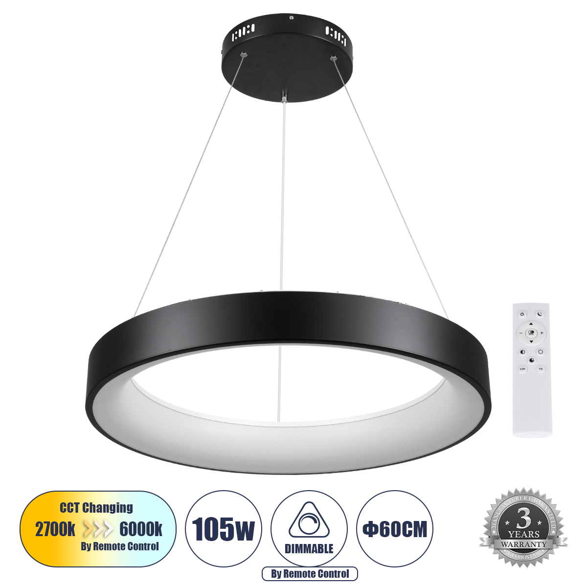 GloboStar® SALEM 61245 Κρεμαστή Πλαφονιέρα Οροφής Δαχτυλίδι-Κύκλος LED CCT 105W 12075lm 120° AC 220-240V - Εναλλαγή Φωτισμού μέσω Τηλεχειριστηρίου All In One Ψυχρό 6000k+Φυσικό 4500k+Θερμό 2700k Dimmable Φ60cm - Μαύρο - 3 Years Warranty