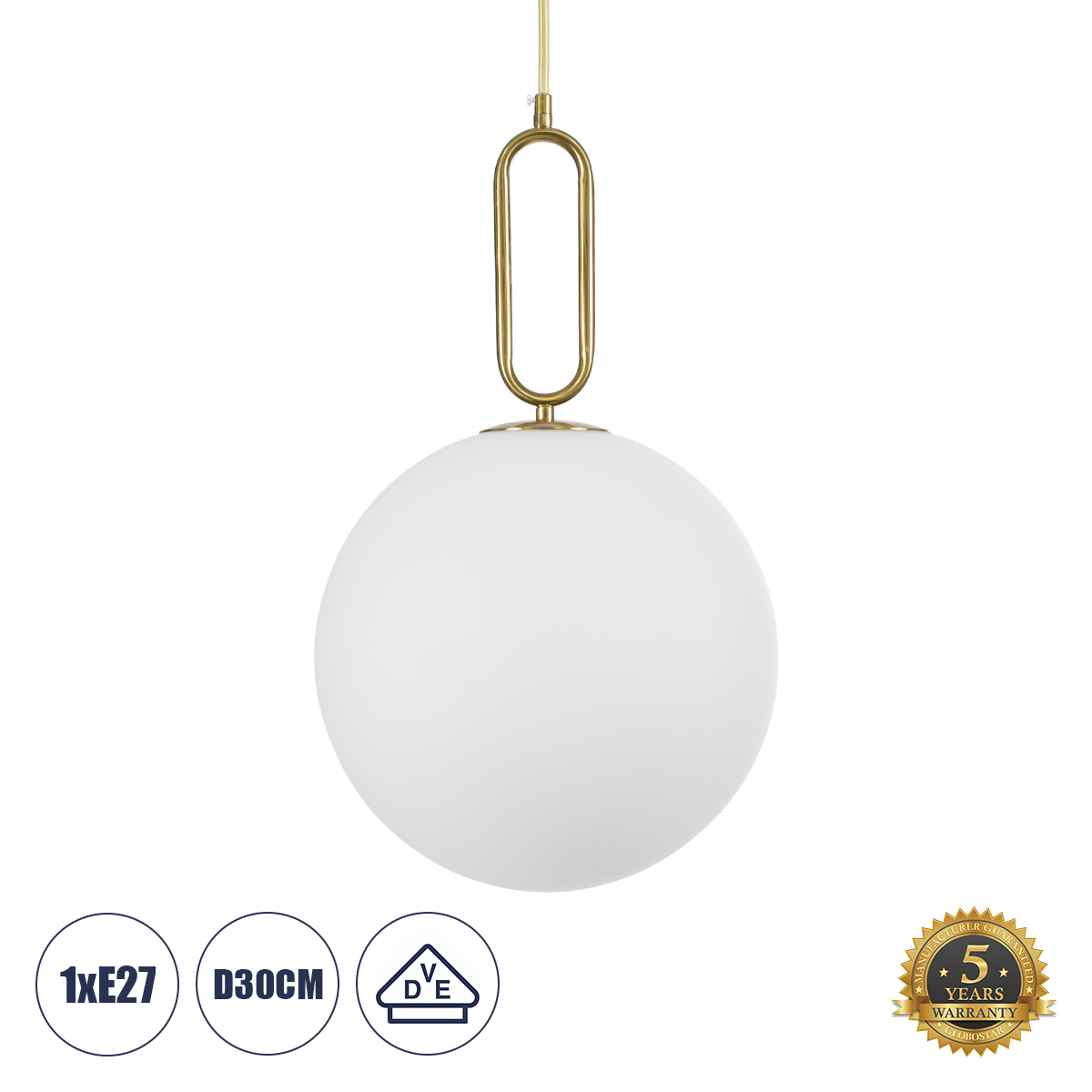 GloboStar® BELLISSIMO 61487 Μοντέρνο Κρεμαστό Φωτιστικό Οροφής Μονόφωτο 1 x E27 Γαλακτερή Γυάλινη Μπάλα με Μεταλλικό Επιχρυσωμενό Πλατίνα Σώμα Φ30 x Υ52cm