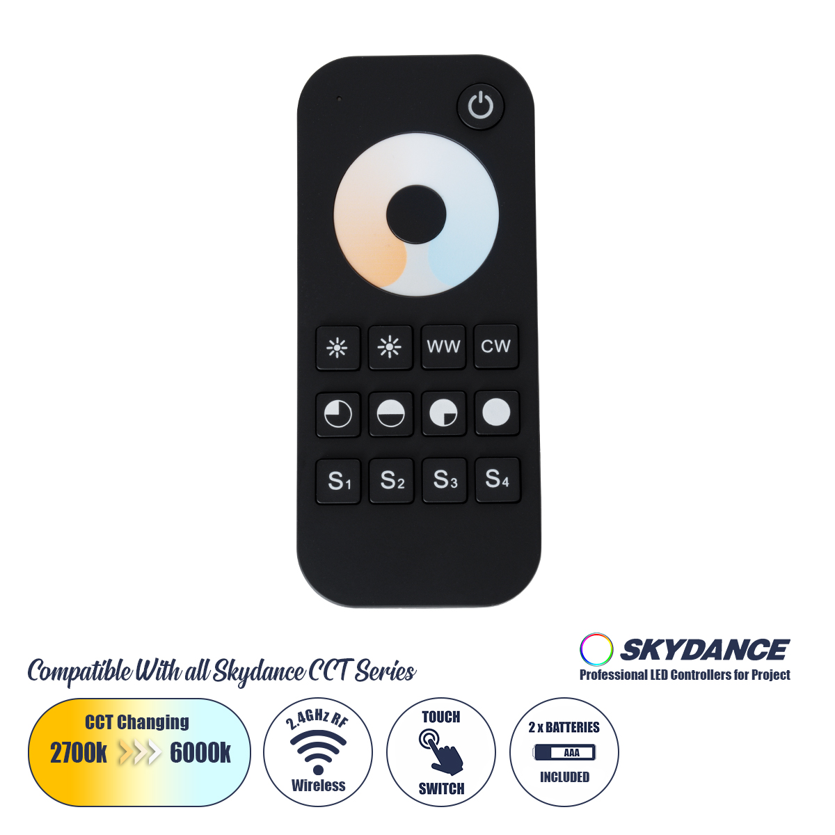 GloboStar® 71566 RT2 SKYDANCE Ασύρματο Χειριστήριο Αφής RF 2.4Ghz 1 Group για όλα τα CCT SKYDANCE Controller DC 3V 2 x AAA - IP20 Μαύρο Μ12.2 x Π5.3 x Υ1.7cm - 5 Years Warranty