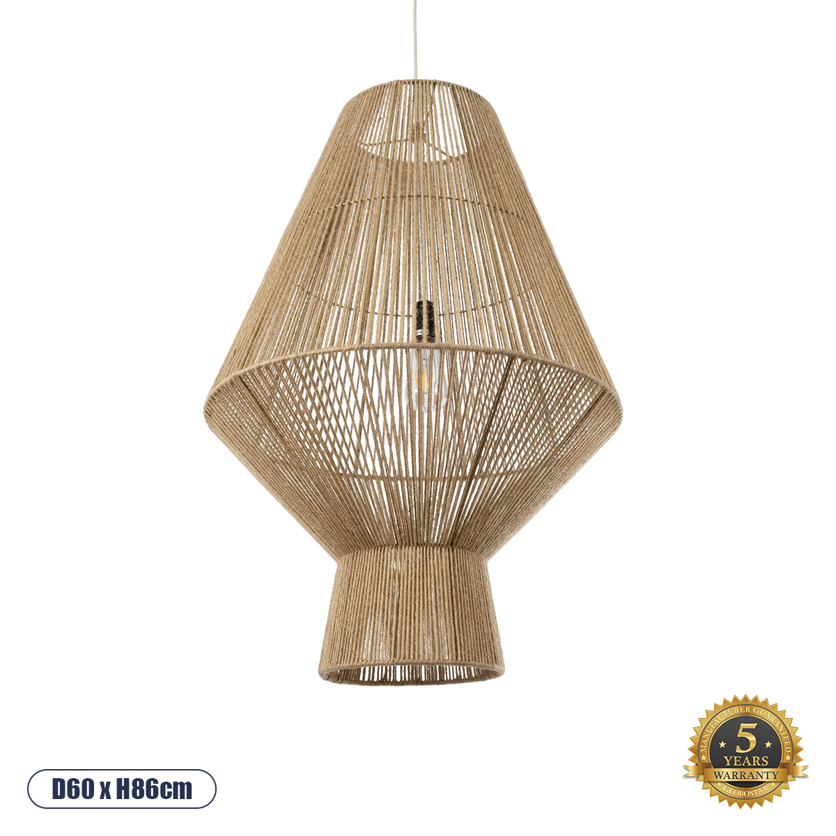 GloboStar® CAYMAN 01854 Boho Κρεμαστό Φωτιστικό Οροφής Μονόφωτο 1 x E27 AC220-240V IP20 - Φ60 x Υ86cm - Μπεζ Λεπτό Σχοινί Τριχιά Πλέγμα