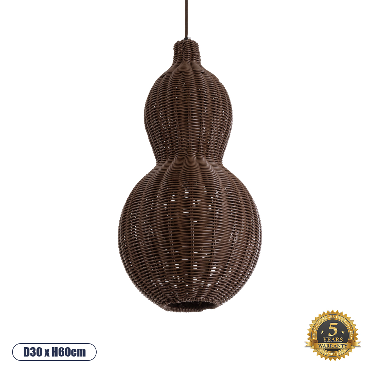 GloboStar® KINGSTOWN 02169 Boho Κρεμαστό Φωτιστικό Οροφής Μονόφωτο 1 x E27 AC220-240V IP20 - Φ30 x Υ60cm - Καφέ Ξύλινο Μπαμπού Πλέγμα