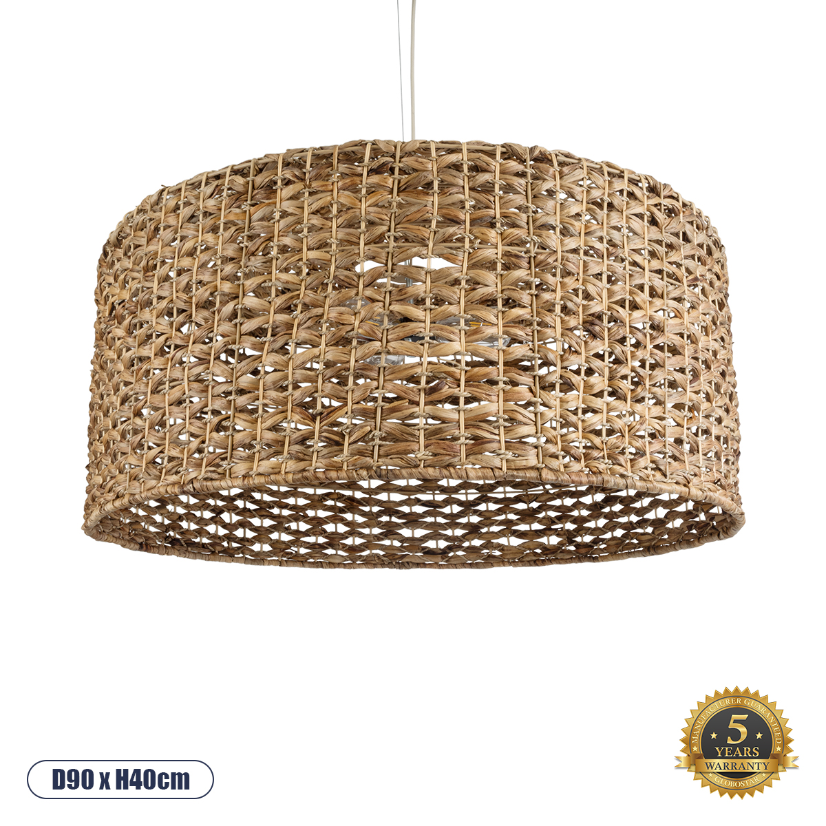 GloboStar® MANGATA 01850 Boho Κρεμαστό Φωτιστικό Οροφής Μονόφωτο 1 x E27 AC220-240V IP20 - Φ90 x Υ40cm - Καφέ Water Hyacinth - Υδρουάκινθος Πλέγμα Καμπάνα