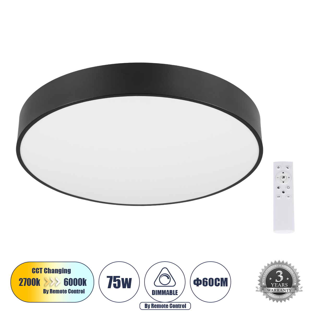 GloboStar® BURTON 61202-S Πλαφονιέρα Οροφής LED CCT 75W 8625lm 120° AC 220-240V - Εναλλαγή Φωτισμού μέσω Τηλεχειριστηρίου All In One Ψυχρό 6000k+Φυσικό 4500k+Θερμό 2700k Dimmable Φ60cm - Μαύρο - 3 Years Warranty