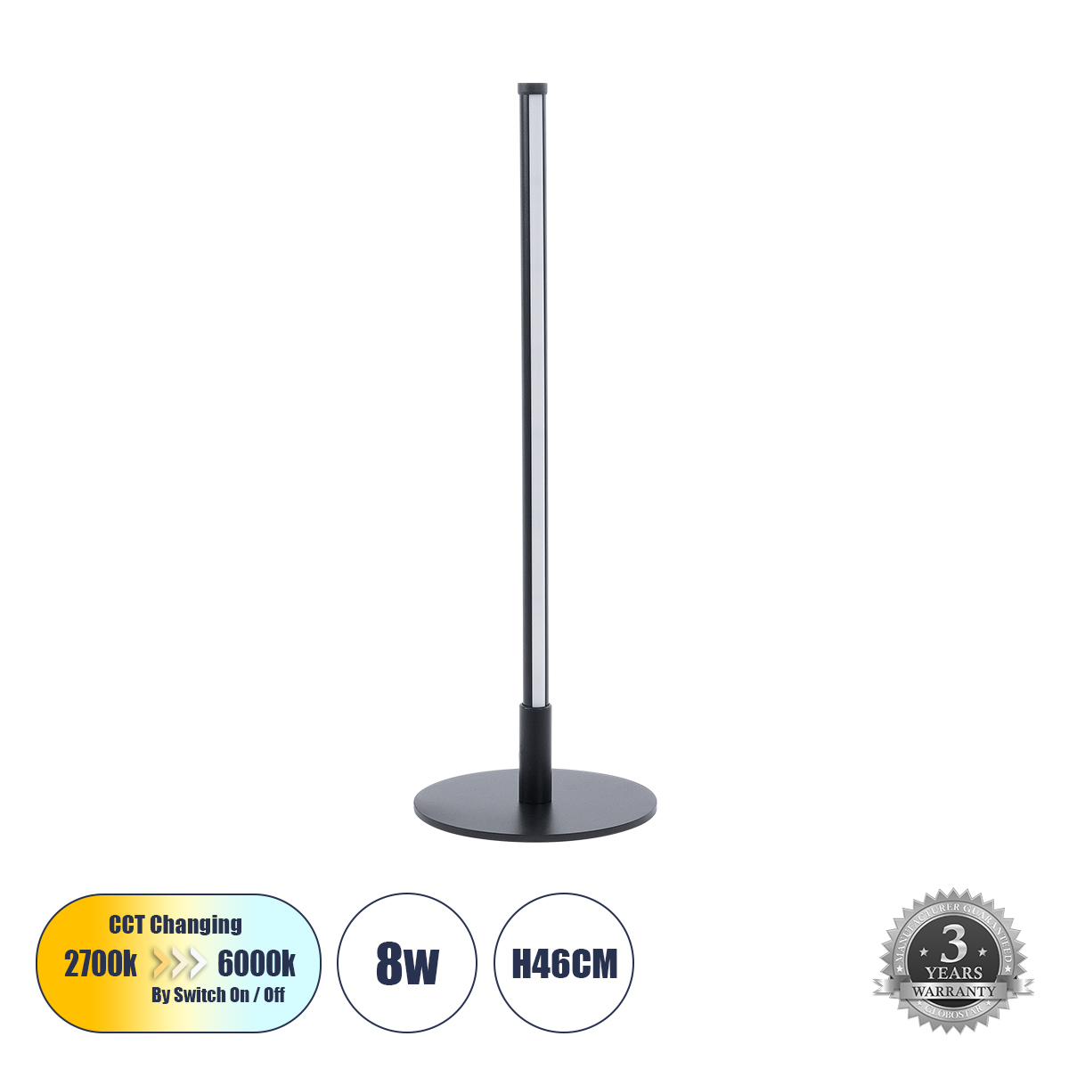 GloboStar® DALUMA 60467 Επιτραπέζιο Φωτιστικό LED CCT 8W 880lm 200° AC 220-240V - Εναλλαγή Φωτισμού μέσω On/Off All In One Ψυχρό 6000k+Φυσικό 4500k+Θερμό 2700k Μ15 x Π15 x Υ46cm - Mαύρο - 3 Χρόνια Εγγύηση