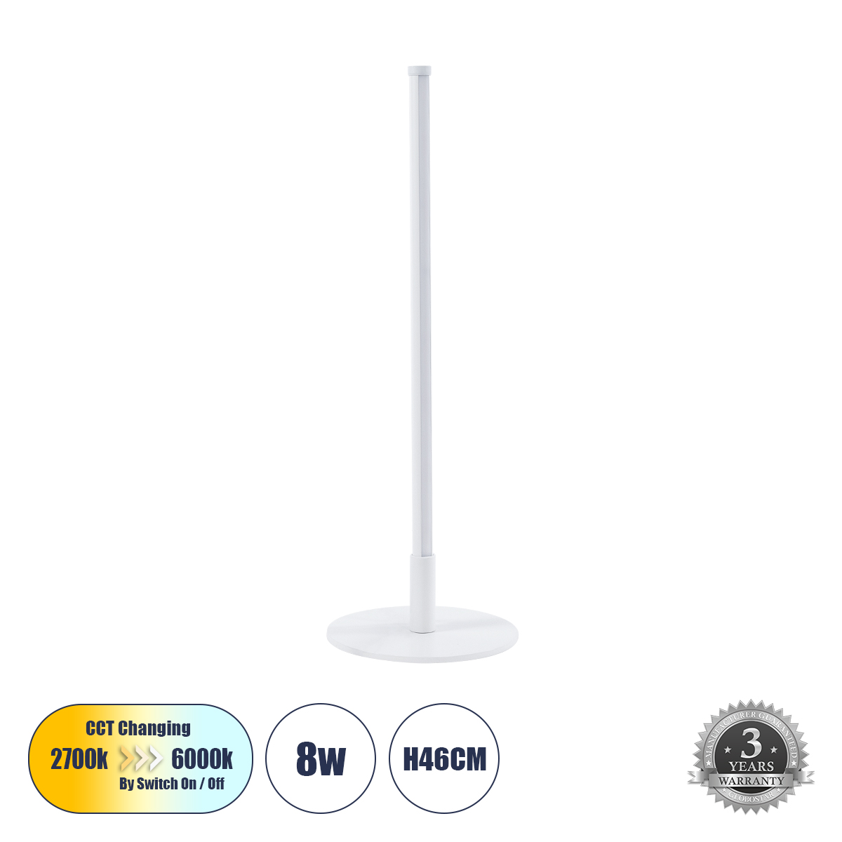 GloboStar® DALUMA 60468 Επιτραπέζιο Φωτιστικό LED CCT 8W 880lm 200° AC 220-240V - Εναλλαγή Φωτισμού μέσω On/Off All In One Ψυχρό 6000k+Φυσικό 4500k+Θερμό 2700k Μ15 x Π15 x Υ46cm - Λευκό - 3 Χρόνια Εγγύηση