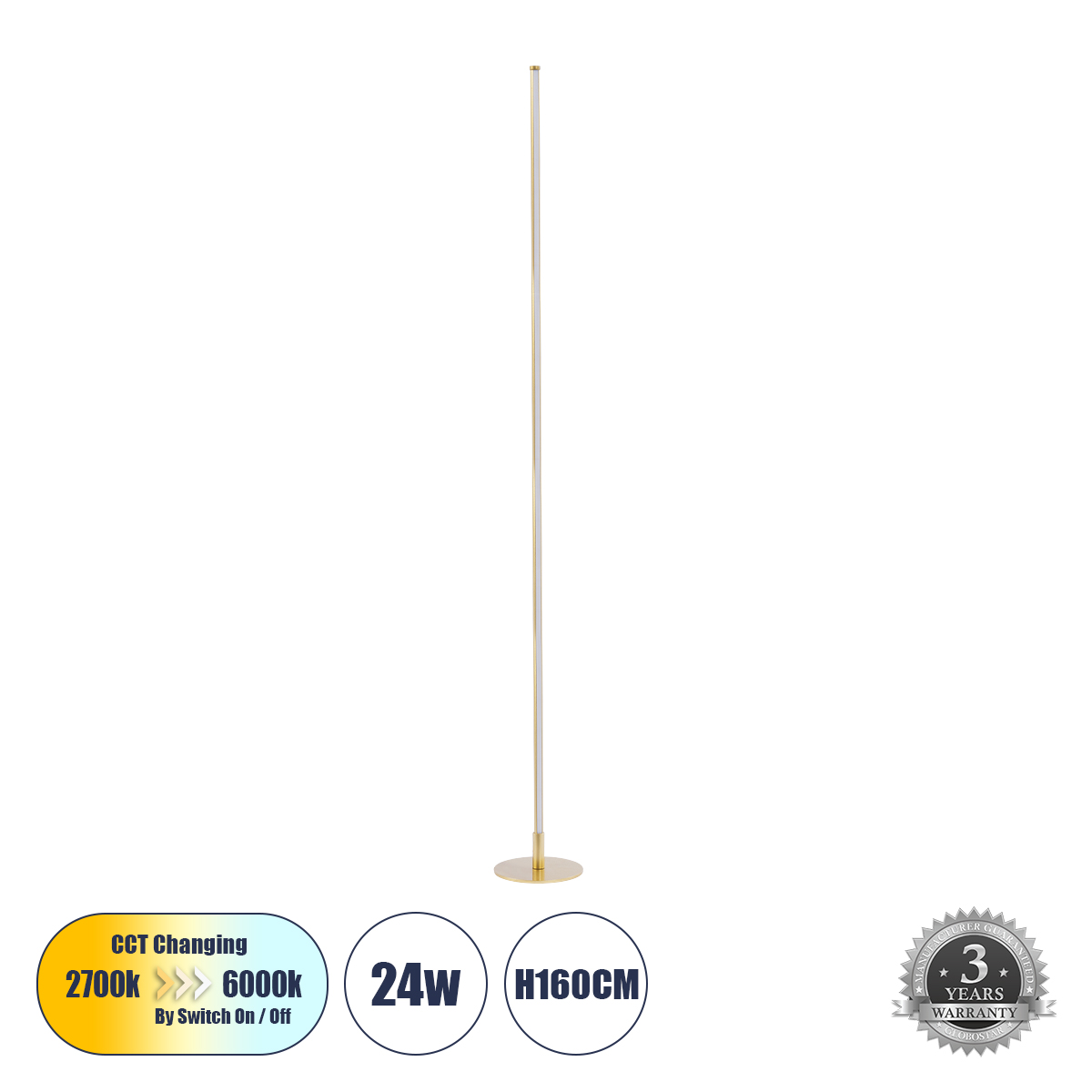 GloboStar® DALUMA 60472 Επιδαπέδιο Φωτιστικό LED CCT 24W 2640lm 200° AC 220-240V - Εναλλαγή Φωτισμού μέσω On/Off All In One Ψυχρό 6000k+Φυσικό 4500k+Θερμό 2700k Μ18 x Π18 x Υ160cm - Χρυσό - 3 Χρόνια Εγγύηση