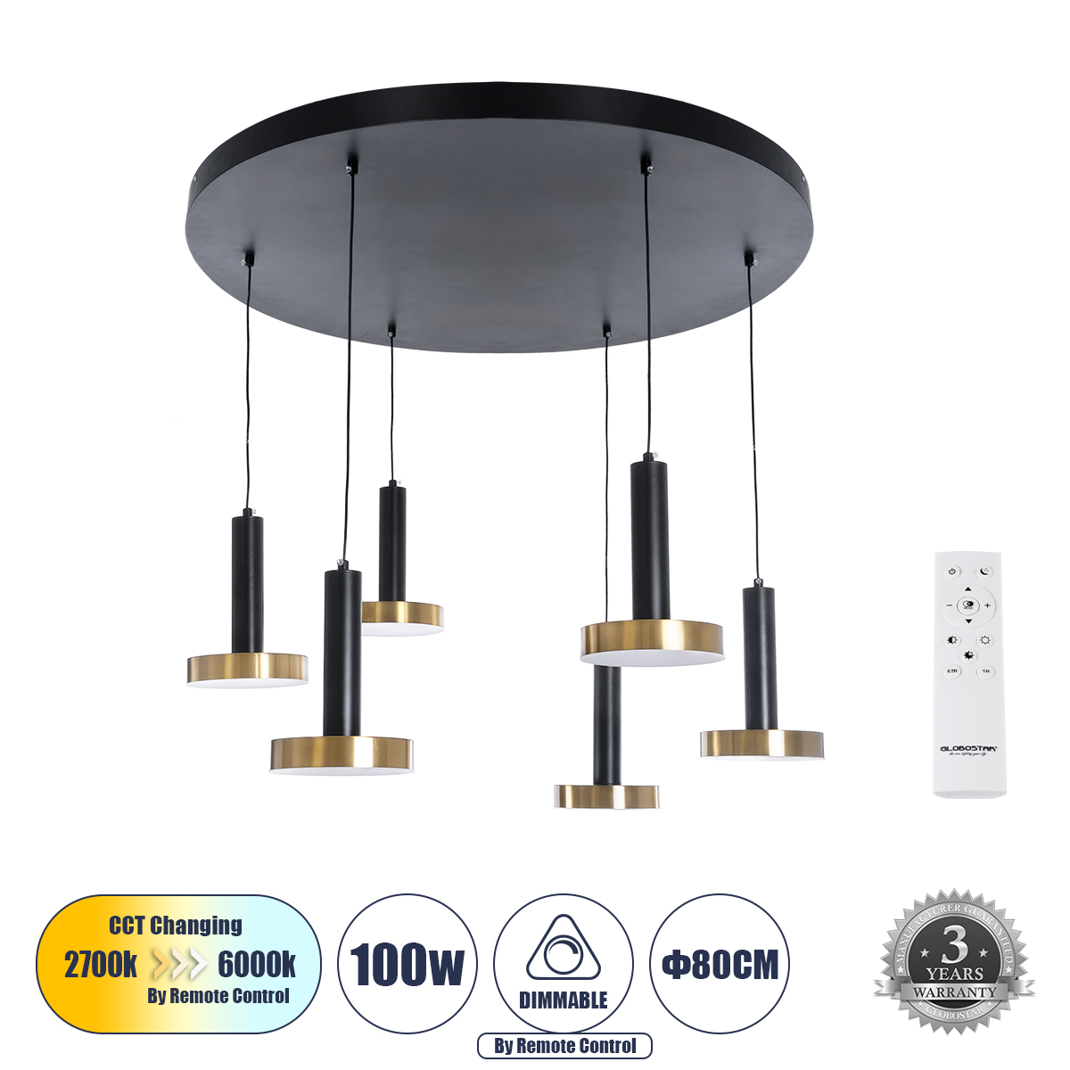 GLOBOSTAR® ZANE 60935 Κρεμαστό Φωτιστικό Design LED CCT 100W 11200lm 120° AC 220-240V IP20 - Εναλλαγή Φωτισμού μέσω Τηλεχειριστηρίου All In One Ψυχρό 6000k+Φυσικό 4500k+Θερμό 2700k Dimmable - Φ80 x Υ20cm - Μαύρο & Χρυσό - 3 Χρόνια Εγγύηση