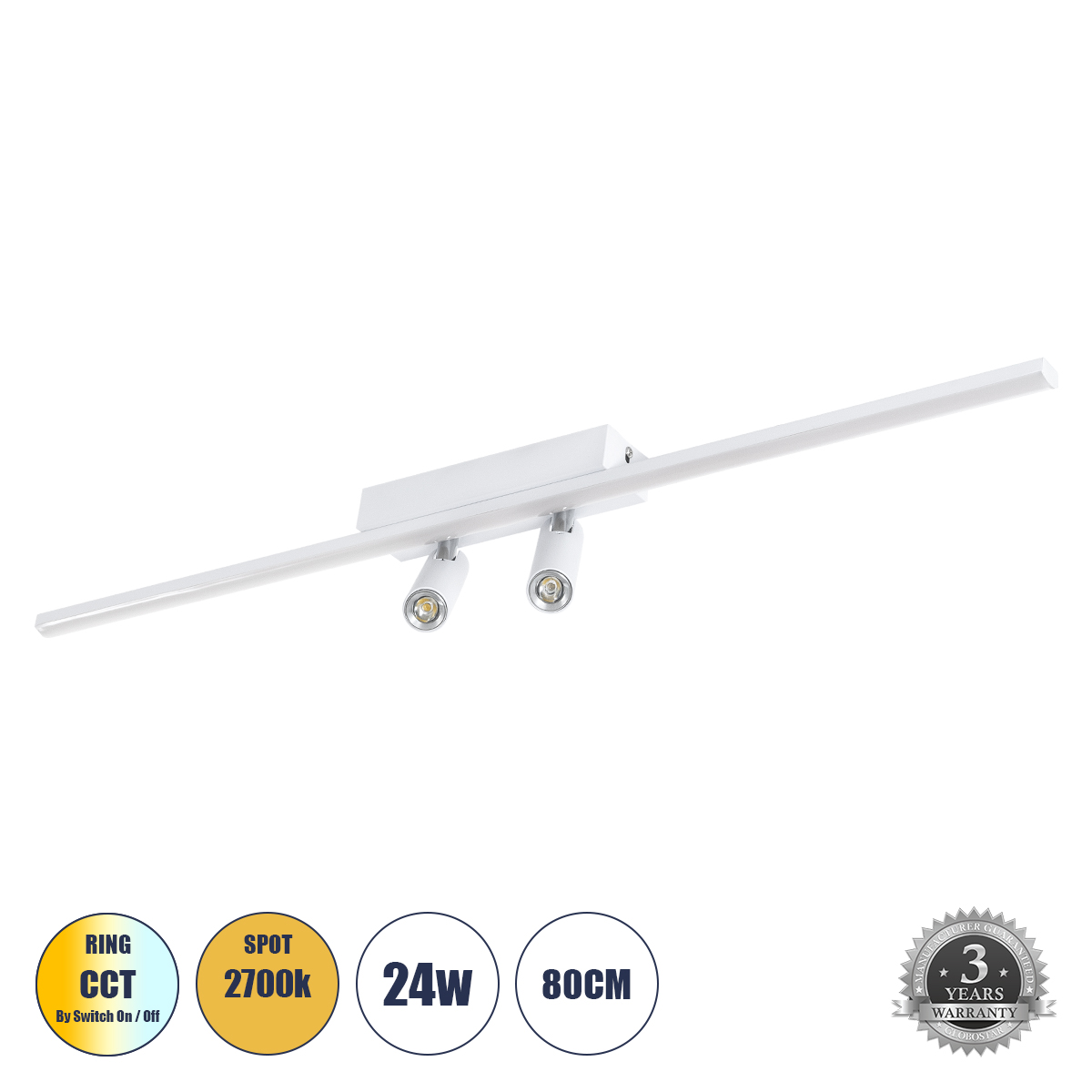 GLOBOSTAR® BARETTI 61227 Φωτιστικό Οροφής Linear Design LED CCT με Κινούμενα Σποτ LED Downlight 24W 2688lm 160° & 45° AC 220-240V IP20 - Εναλλαγή Φωτισμού μέσω Διακόπτη On/Off All In One Ψυχρό 6000k+Φυσικό 4500k+Θερμό 2700k - Μ80 x Π5.5 x Υ5 cm - Λευκό -