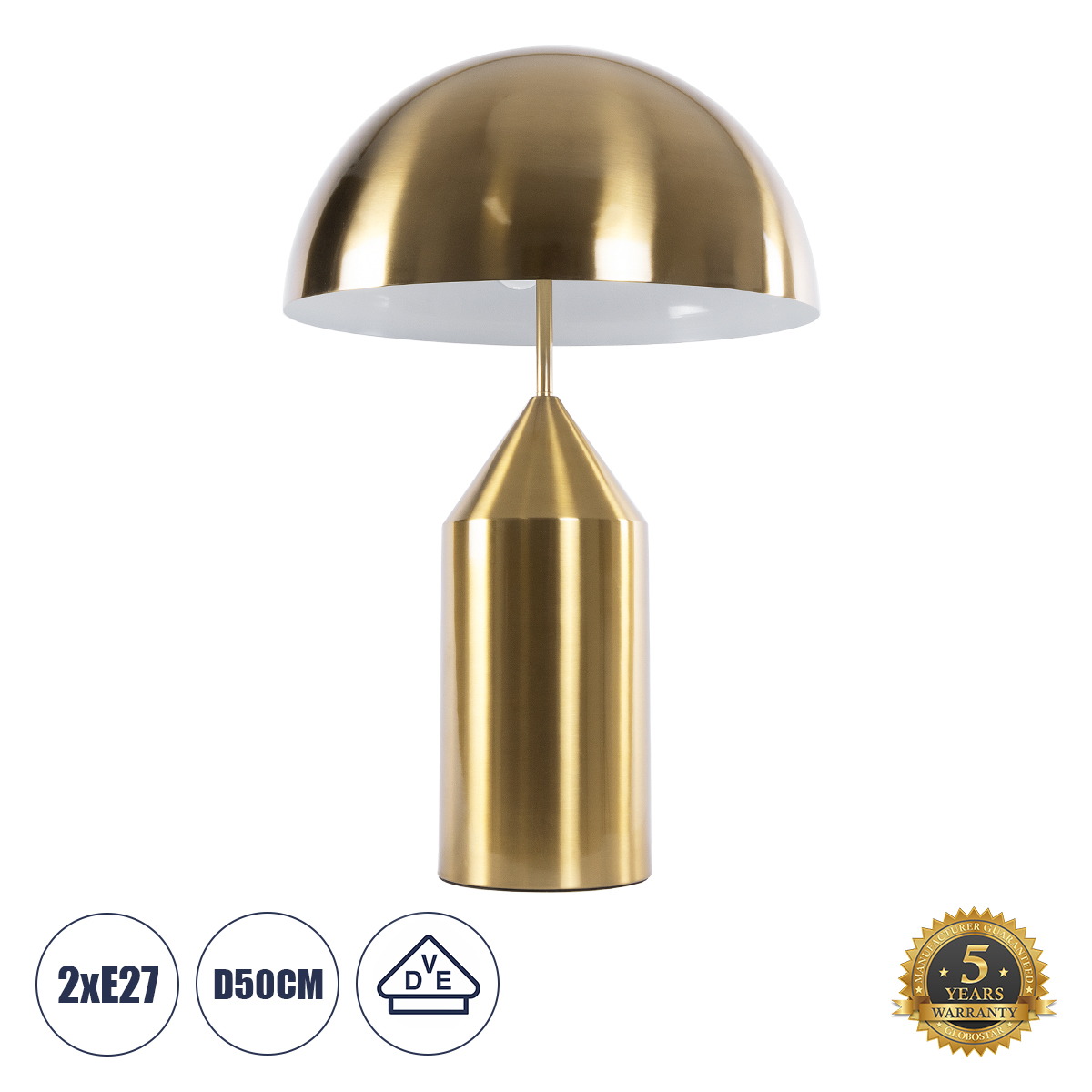 GloboStar® URANUS-L 61459 Μοντέρνο Επιτραπέζιο Φωτιστικό Πορτατίφ Δίφωτο 2 x E27 AC220-240V IP20 - Φ50 x Υ77cm - Χρυσό Πλατίνα Μεταλλικό Καμπάνα με Διακόπτη On/Off - 5 Χρόνια Εγγύηση