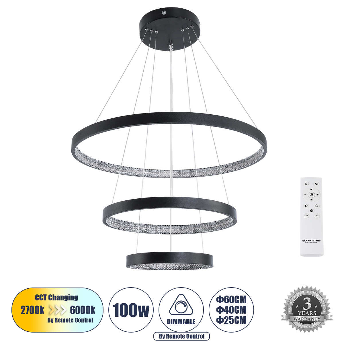 GloboStar® DIAMOND TRIO 61523 Κρεμαστό Φωτιστικό Δαχτυλίδι-Κύκλος LED CCT 100W 11200lm 360° AC 220-240V - Εναλλαγή Φωτισμού μέσω Τηλεχειριστηρίου All In One Ψυχρό 6000k+Φυσικό 4500k+Θερμό 2700k Dimmable Φ25+40+60cm - Μαυρο - 3 Χρόνια Εγγύηση