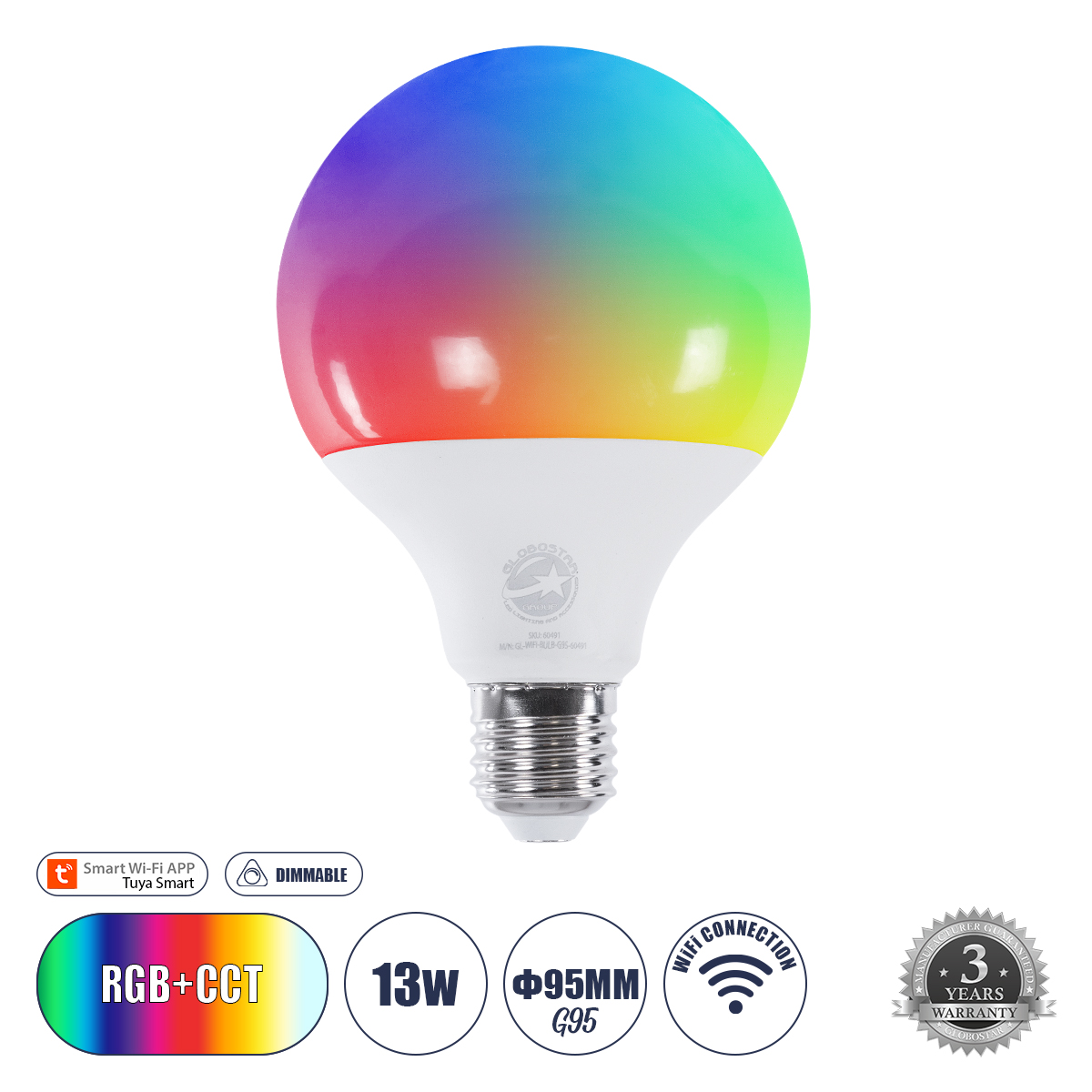 GloboStar® 60491 Έξυπνη Λάμπα LED E27 G95 Γλόμπος Smart Home Wifi 13W 1300lm 260° AC 220-240V IP20 Φ9.5 x Υ13.5cm RGB+CCT - Εναλλαγή Φωτισμού & Dimming μέσω Εφαρμογής Tuya - Bridgelux Chip - 3 Χρόνια Εγγύηση