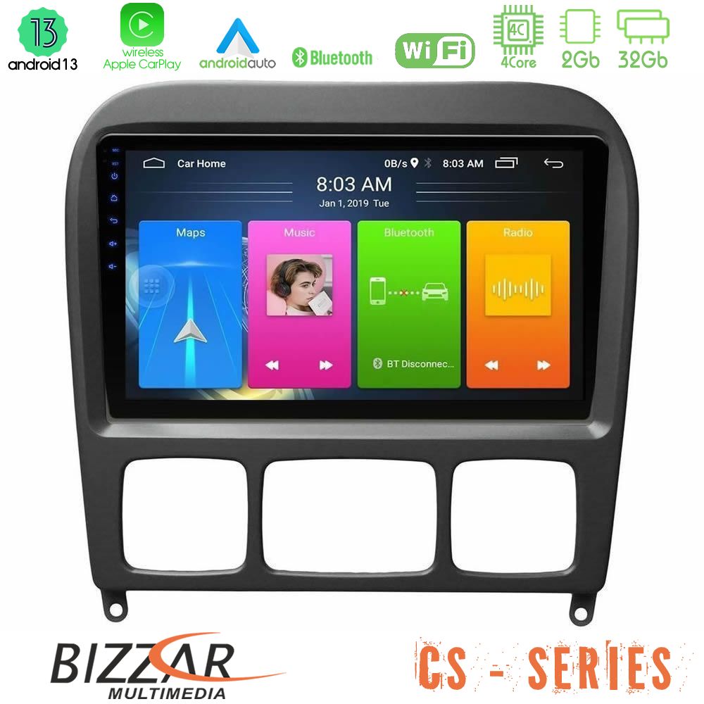 Bizzar cs Series 4core Android13 2+32gb Mercedes s Class 1999-2004 (W220) Navigation Multimedia Tablet 9 u-cs-Mb0765b