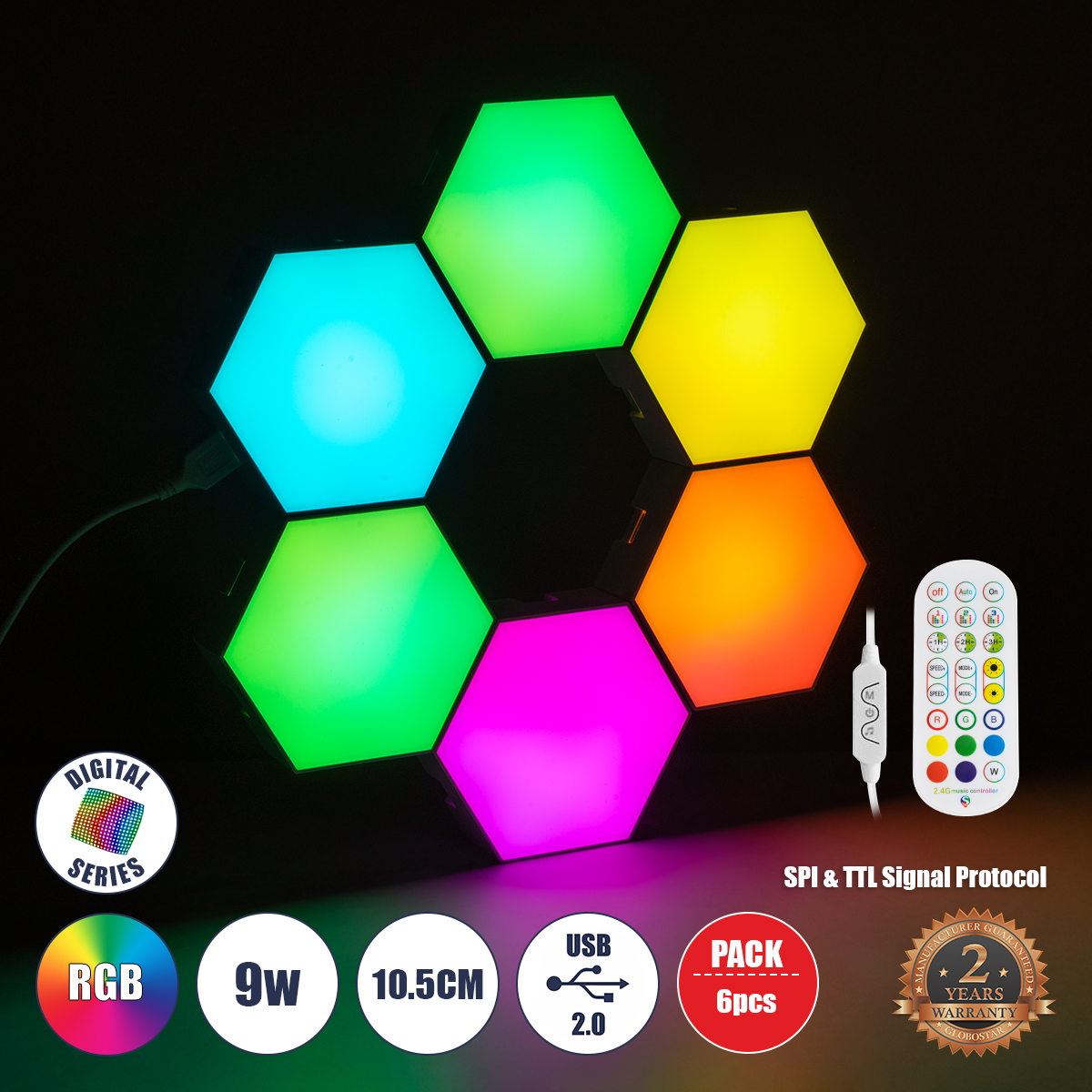 GloboStar® DIGIOCTA 90448 Σετ 6 Ψηφιακων LED RGB Φωτιστικών Κυψελών με Ψηφιακό Controller με WiFi Smart APP & Ασύρματο Χειριστήριο RF 2.4Ghz - LED SMD 5050 9W/Σετ 84PIXEL/Σετ 720lm/Σετ 120° DC 5V με USB 2.0 IP20 Πολύχρωμο RGB - Dimmable - Μ10.5 x Π10.5 x