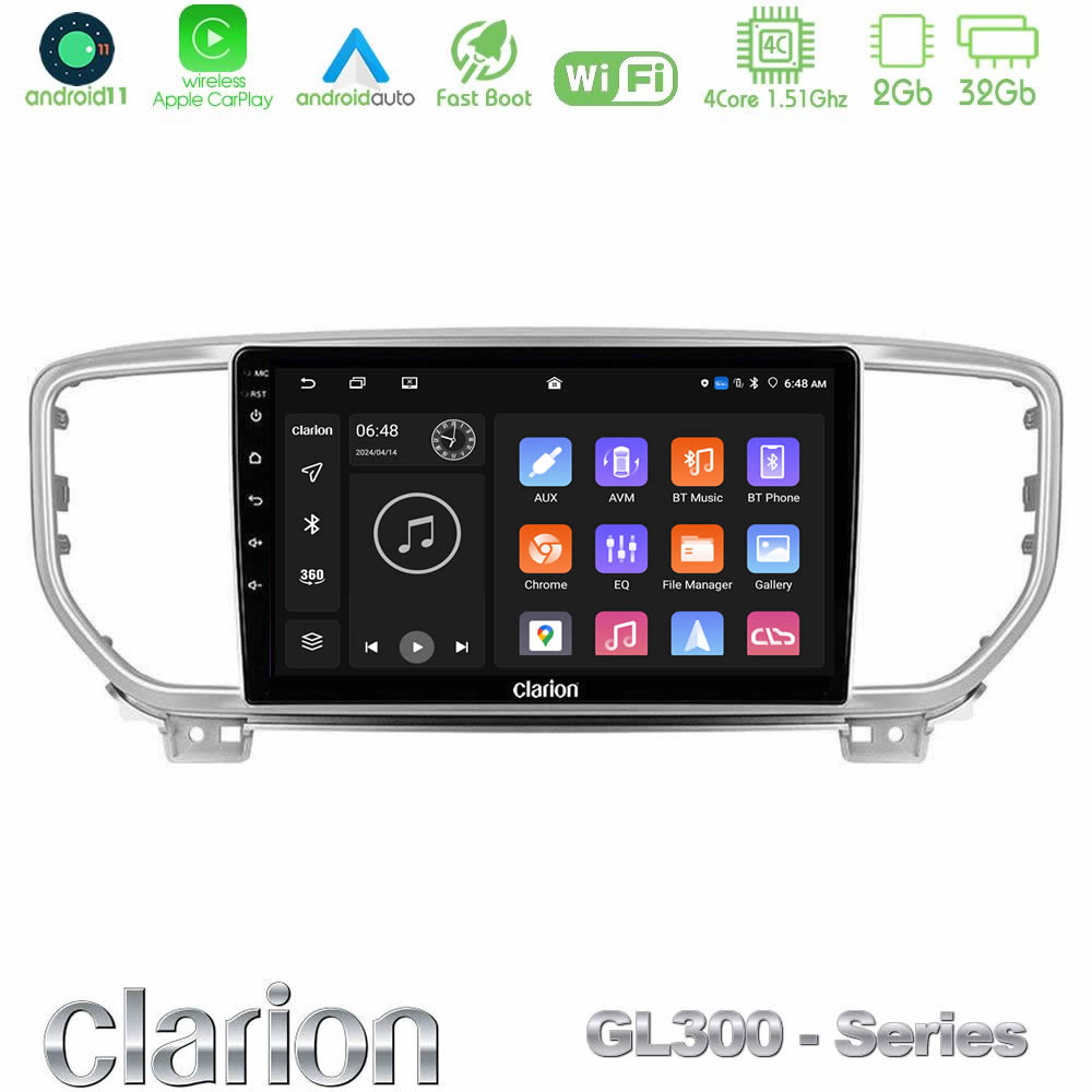 Clarion Gl300 Series 4core Android11 2+32gb kia Sportage 2018-2021 Navigation Multimedia Tablet 9 με Carplay &Amp; Android Auto u-gl3-Ki0516