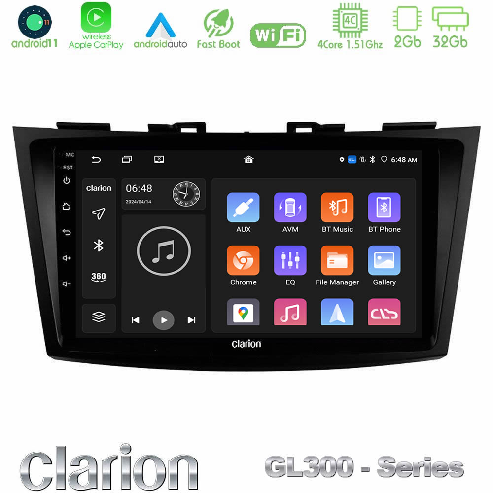 Clarion Gl300 Series 4core Android11 2+32gb Suzuki Swift 2011-2016 Navigation Multimedia Tablet 9 με Carplay & Android Auto u-gl3-Sz523