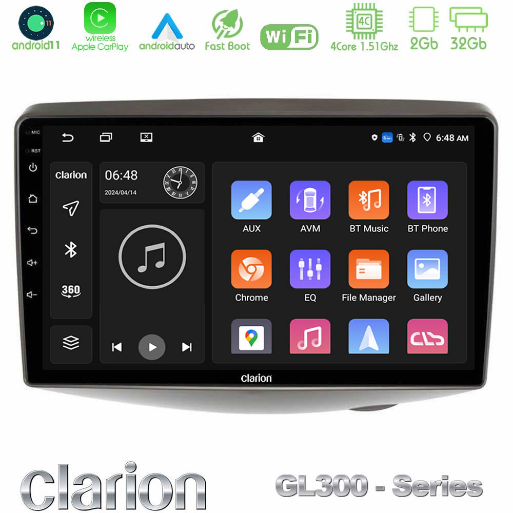 Clarion Gl300 Series 4core Android11 2+32gb Toyota Yaris 1999 - 2006 Navigation Multimedia Tablet 9 με Carplay &Amp; Android Auto u-gl3-Ty1047