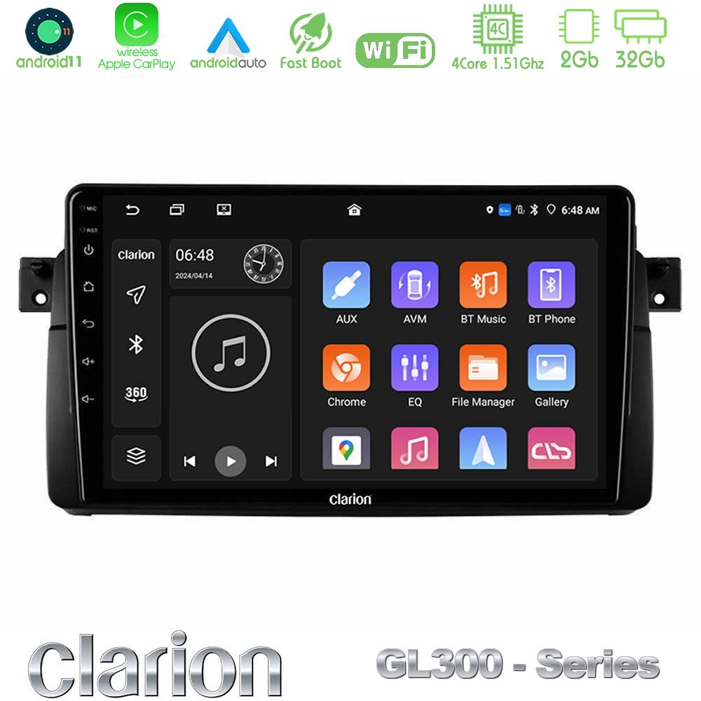 Clarion Gl300 Series 4core Android11 2+32gb bmw e46 Navigation Multimedia Tablet 9 με Carplay &Amp; Android Auto u-gl3-Bm0603