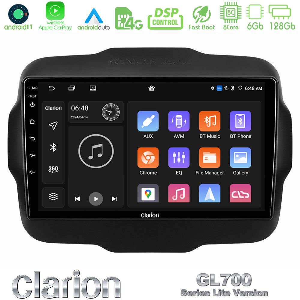 Clarion Gl700 Lite Series 8core Android11 6+128gb Jeep Renegade 2015-2019 Navigation Multimedia Tablet 9 με Carplay &Amp; Android Auto u-G76l-Jp134