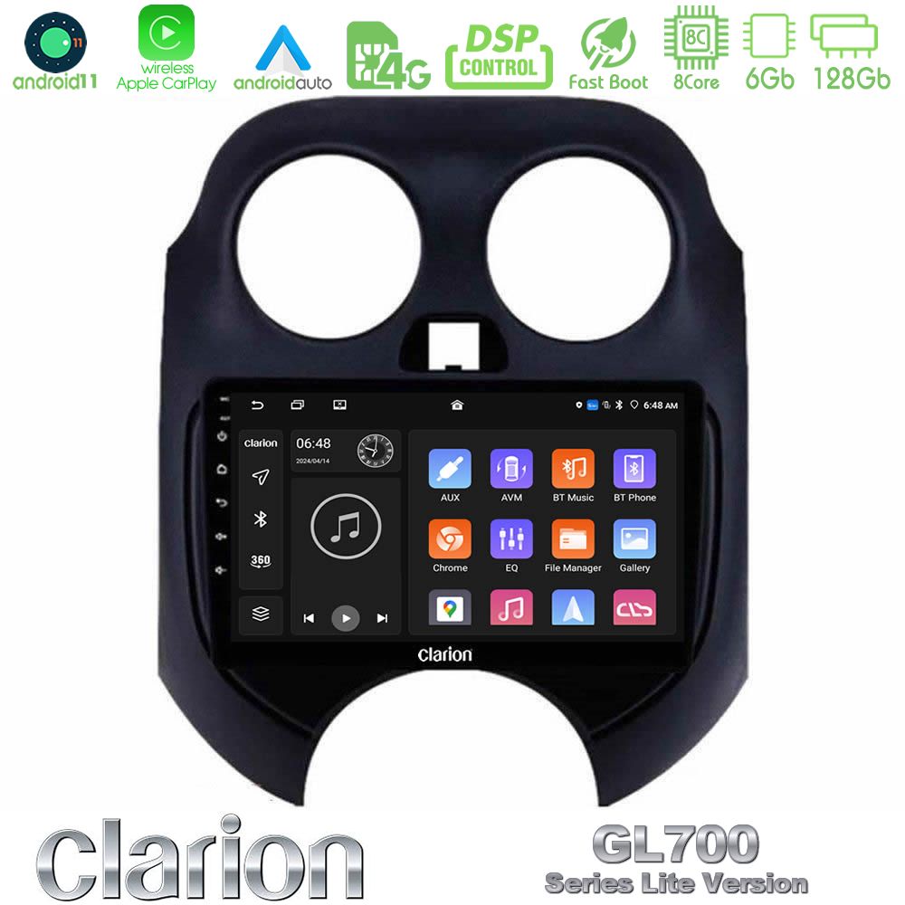 Clarion Gl700 Lite Series 8core Android11 6+128gb Nissan Micra 2011-2014 Navigation Multimedia Tablet 9 με Carplay &Amp; Android Auto u-G76l-Ns0757