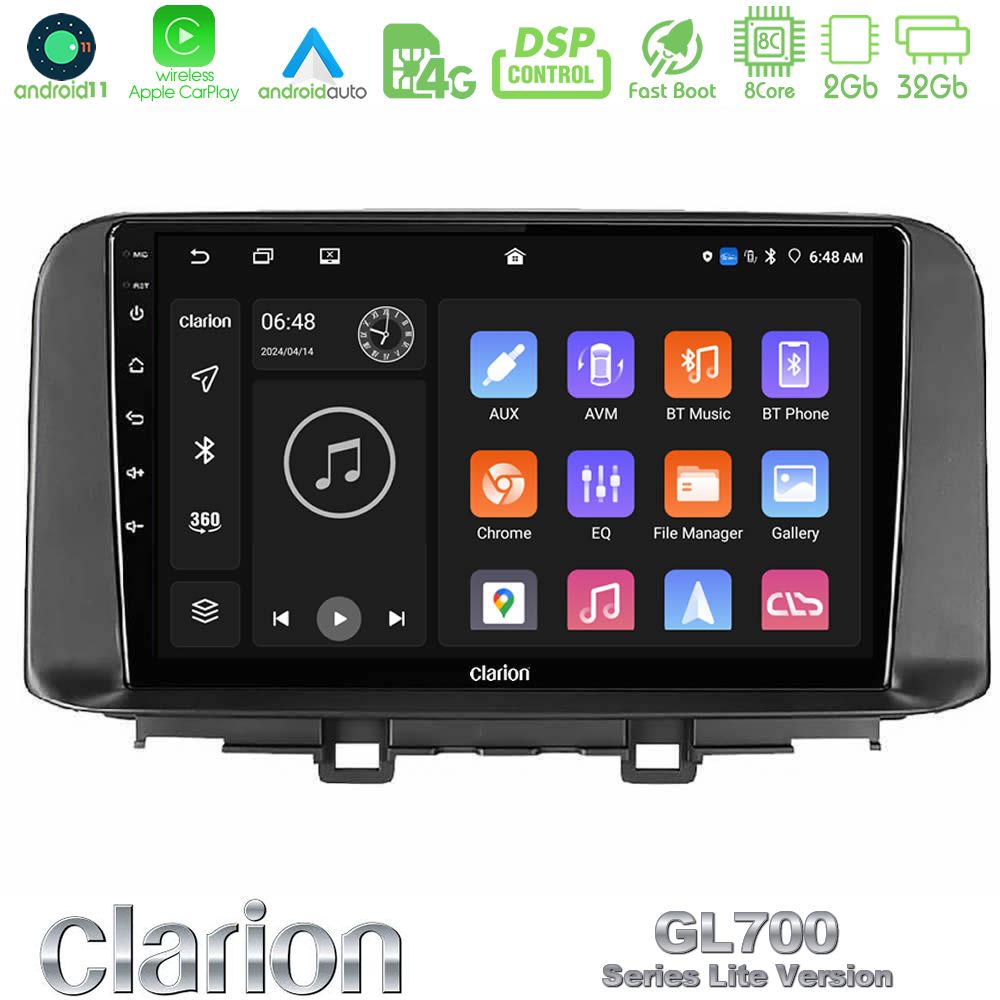 Clarion Gl700 Lite Series 8core Android11 2+32gb Hyundai Kona 2018-2023 Navigation Multimedia Tablet 10 με Carplay &Amp; Android Auto u-G72l-Hy0342