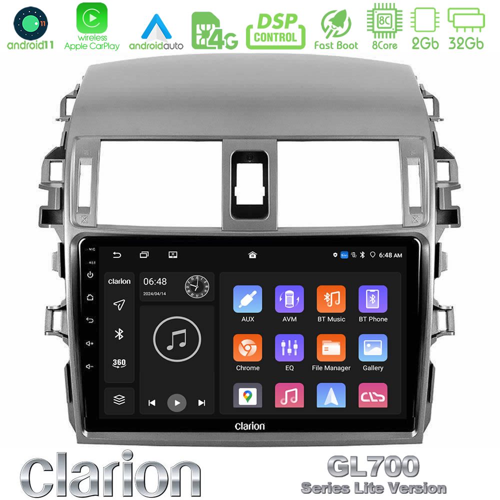 Clarion Gl700 Lite Series 8core Android11 2+32gb Toyota Corolla 2008-2010 Navigation Multimedia Tablet 9 με Carplay &Amp; Android Auto u-G72l-Ty0144