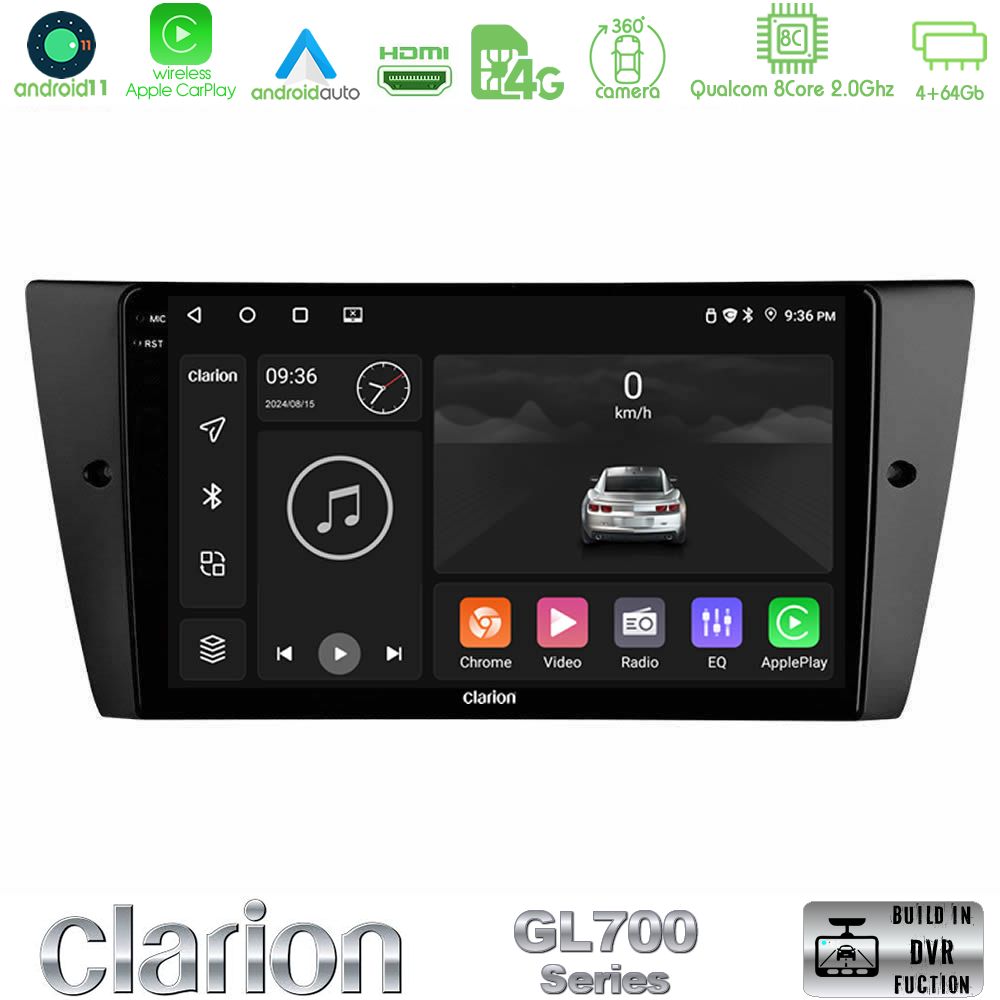 Clarion Gl700 Series 8core Android11 4+64gb bmw 3 Series 2006-2011 Navigation Multimedia Tablet 9 με Carplay &Amp; Android Auto u-gl7-Bm0751