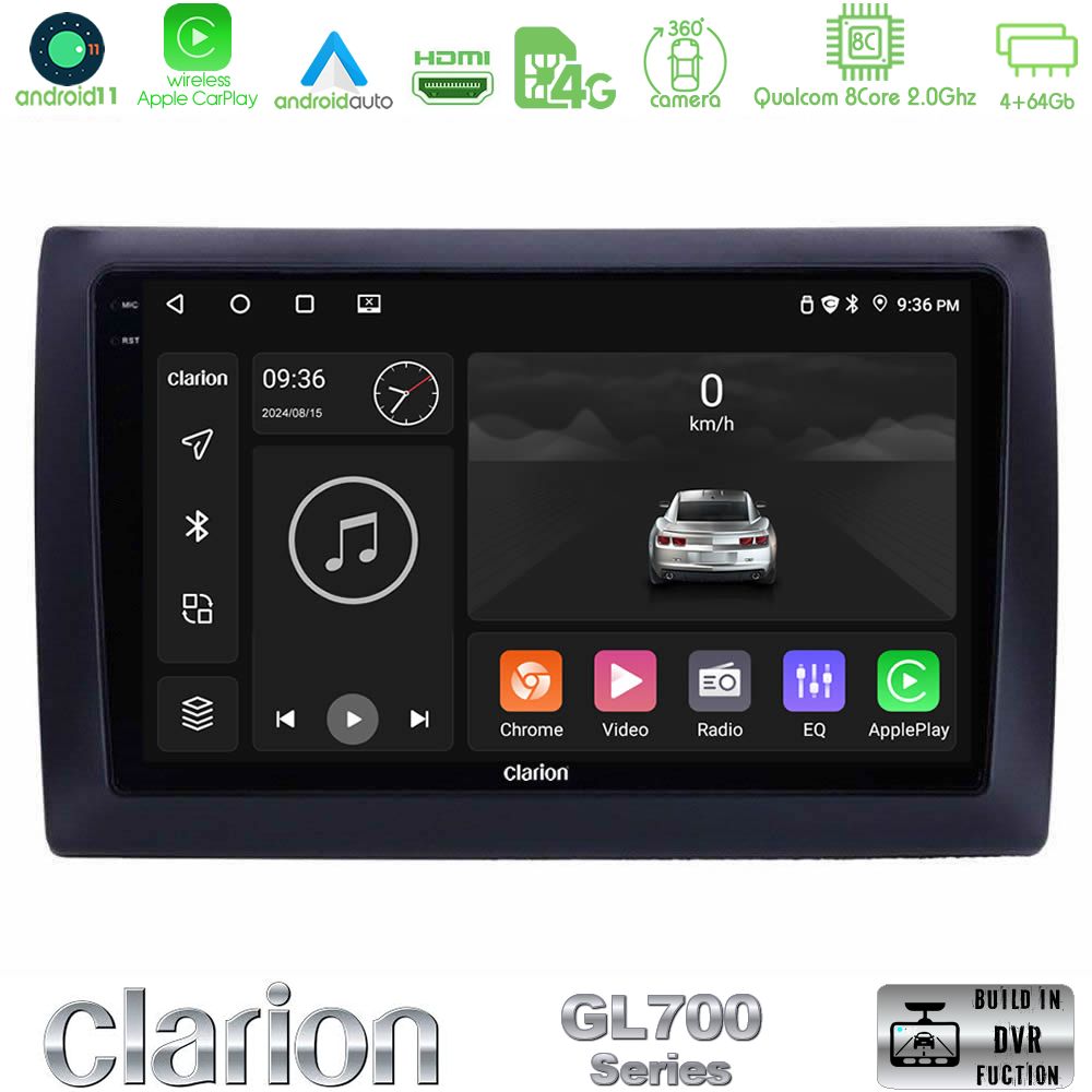 Clarion Gl700 Series 8core Android13 4+64gb Fiat Stilo Navigation Multimedia Tablet 9 με Carplay &Amp; Android Auto u-gl7-Ft037n