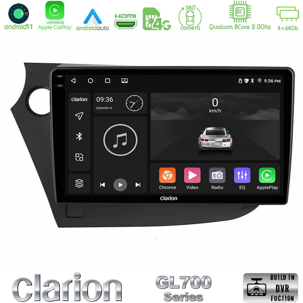 Clarion Gl700 Series 8core Android13 4+64gb Honda Insight 2009-2015 Navigation Multimedia Tablet 9 με Carplay &Amp; Android Auto u-gl7-Hd0821