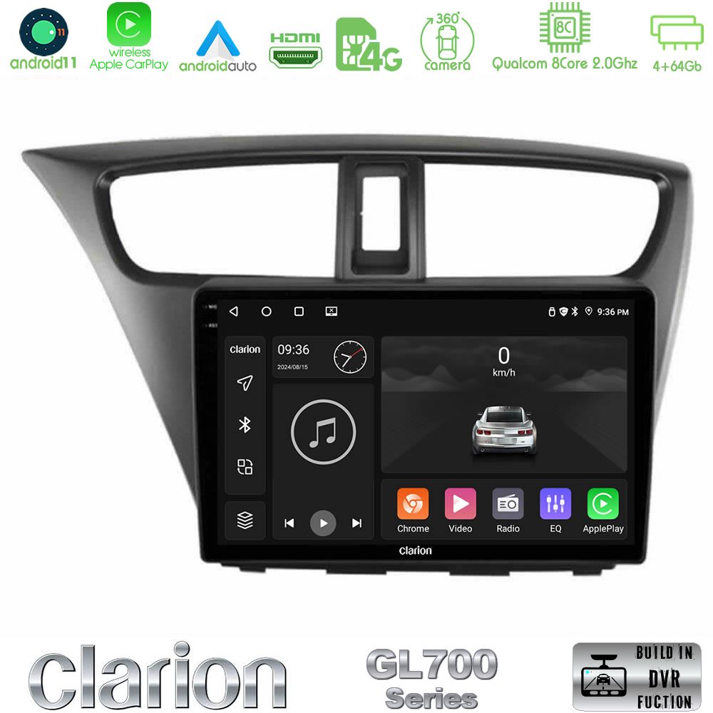 Clarion Gl700 Series 8core Android11 4+64gb Honda Civic Hatchback 2012-2015 Navigation Multimedia Tablet 9 με Carplay &Amp; Android Auto u-gl7-Hd0941