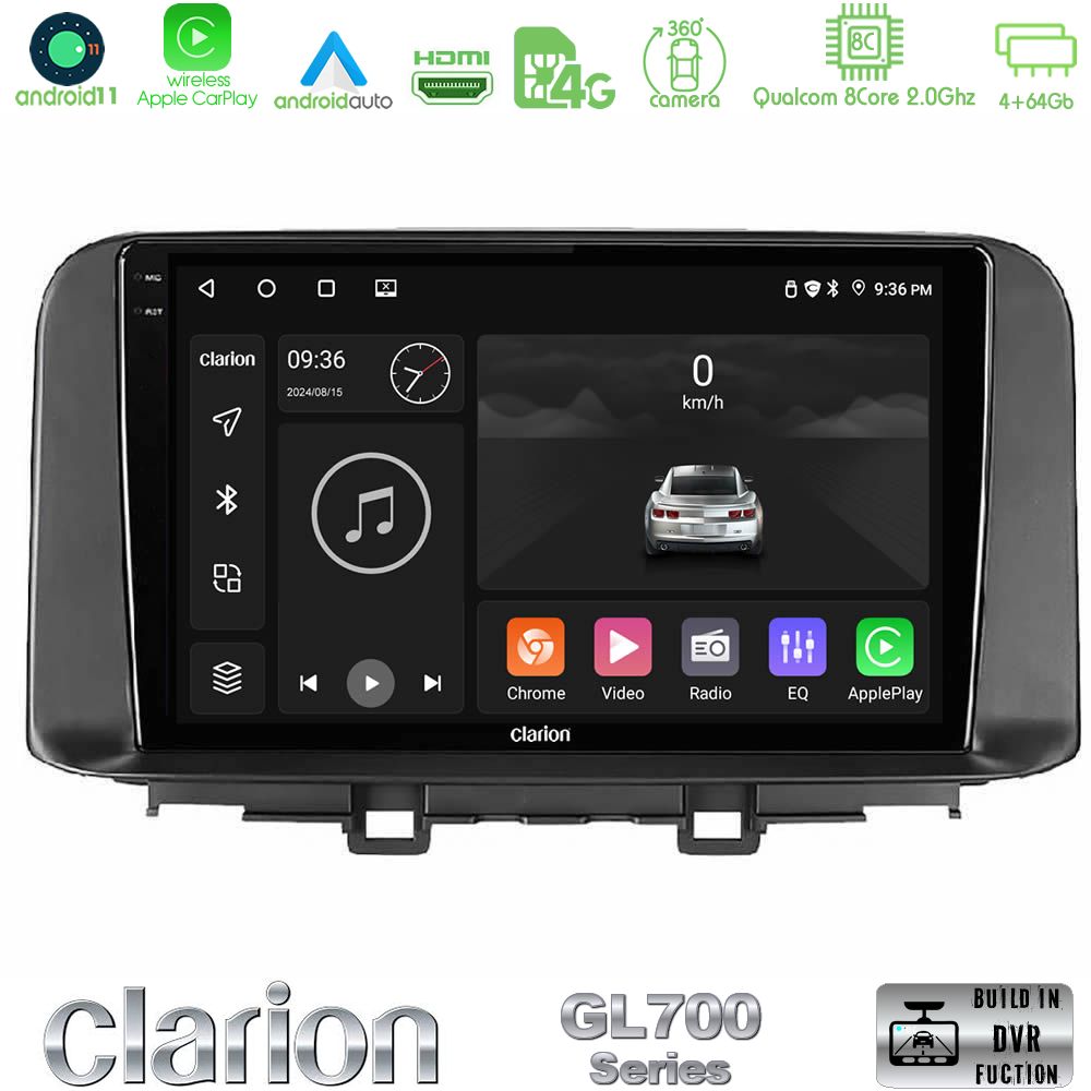 Clarion Gl700 Series 8core Android11 4+64gb Hyundai Kona 2018-2023 Navigation Multimedia Tablet 10 με Carplay &Amp; Android Auto u-gl7-Hy0342