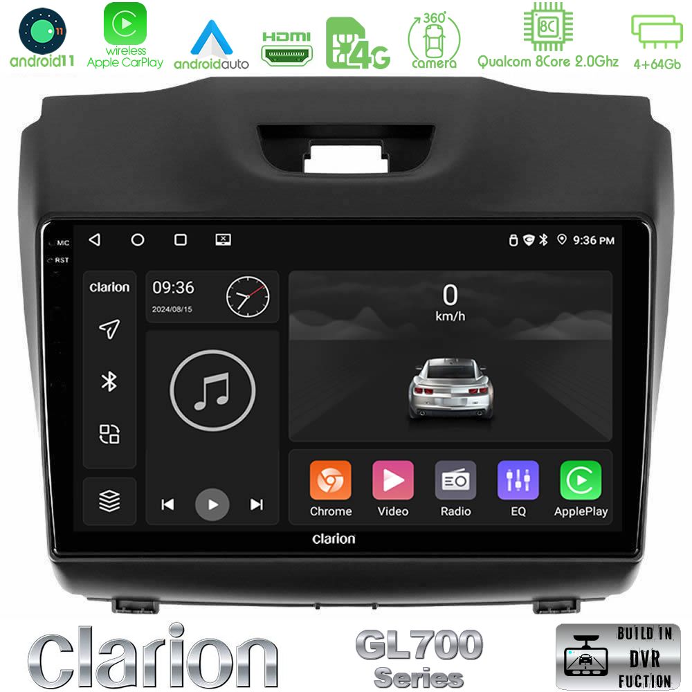 Clarion Gl700 Series 8core Android13 4+64gb Isuzu d-max 2012-2019 Navigation Multimedia Tablet 9 με Carplay &Amp; Android Auto u-gl7-Iz588