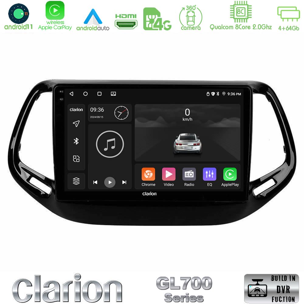 Clarion Gl700 Series 8core Android11 4+64gb Jeep Compass 2017&gt; Navigation Multimedia Tablet 10 με Carplay &Amp; Android Auto u-gl7-Jp0143