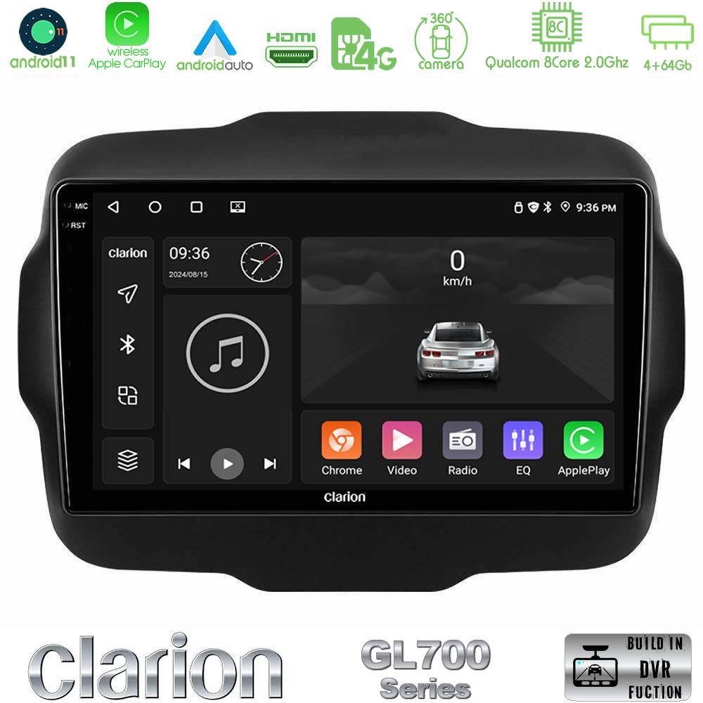 Clarion Gl700 Series 8core Android13 4+64gb Jeep Renegade 2015-2019 Navigation Multimedia Tablet 9 με Carplay &Amp; Android Auto u-gl7-Jp134