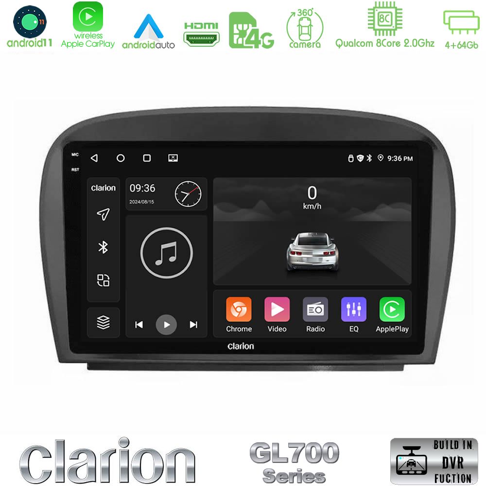 Clarion Gl700 Series 8core Android11 4+64gb Mercedes sl Class 2005-2011 Navigation Multimedia Tablet 9 με Carplay &Amp; Android Auto u-gl7-Mb0479