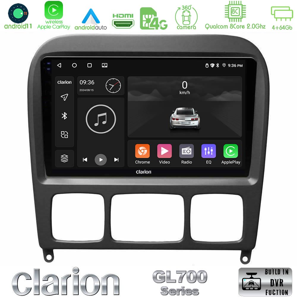 Clarion Gl700 Series 8core Android11 4+64gb Mercedes s Class 1999-2004 (W220) Navigation Multimedia Tablet 9 με Carplay &Amp; Android Auto u-gl7-Mb0765b