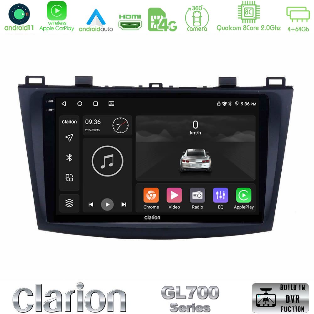 Clarion Gl700 Series 8core Android11 4+64gb Mazda 3 2009-2014 Navigation Multimedia Tablet 9 με Carplay &Amp; Android Auto u-gl7-Mz0228