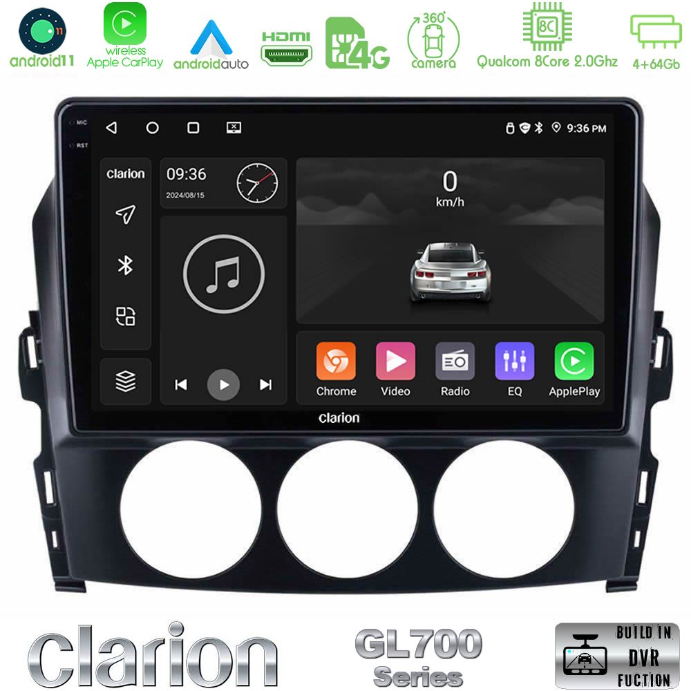 Clarion Gl700 Series 8core Android11 4+64gb Mazda mx-5 2006-2008 Navigation Multimedia Tablet 9 με Carplay &Amp; Android Auto u-gl7-Mz049n