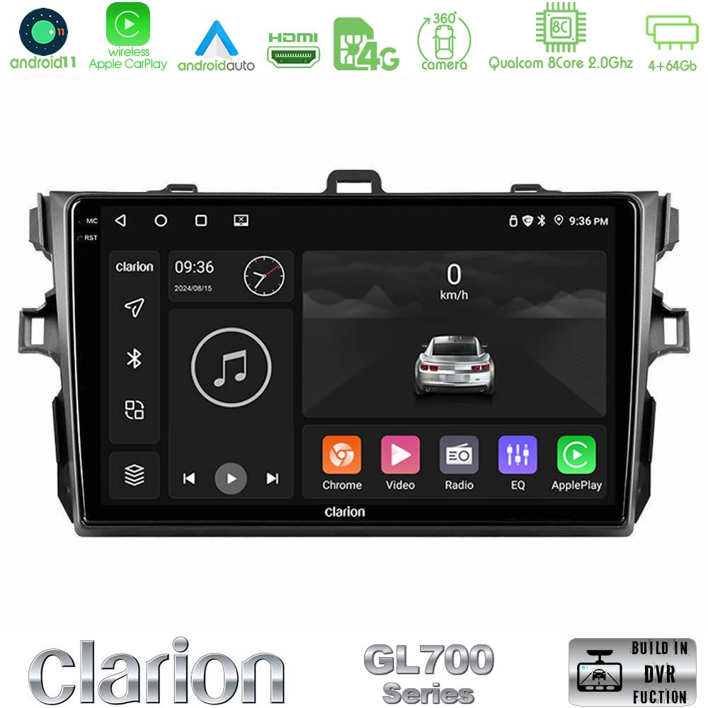 Clarion Gl700 Series 8core Android11 4+64gb Toyota Corolla 2007-2012 Navigation Multimedia Tablet 9 με Carplay &Amp; Android Auto u-gl7-Ty0502