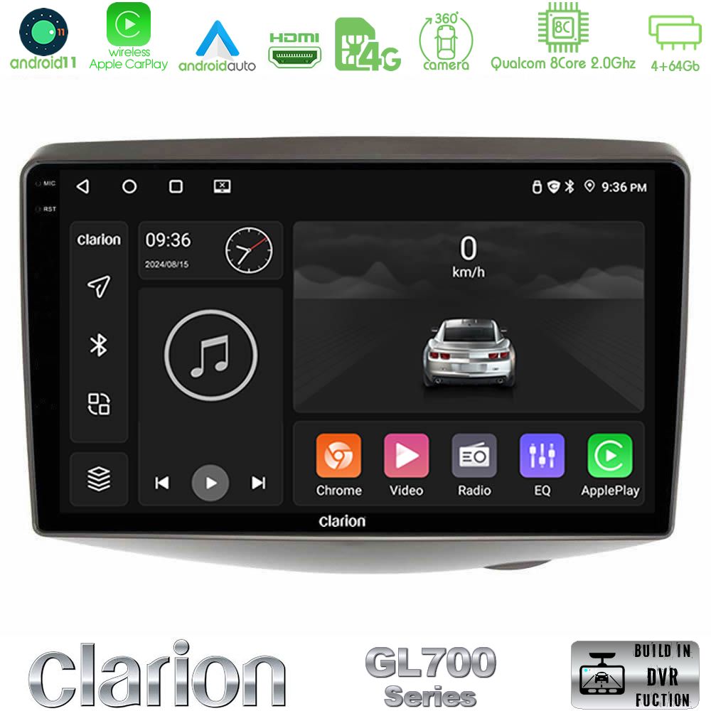 Clarion Gl700 Series 8core Android13 4+64gb Toyota Yaris 1999 - 2006 Navigation Multimedia Tablet 9 με Carplay &Amp; Android Auto u-gl7-Ty1047