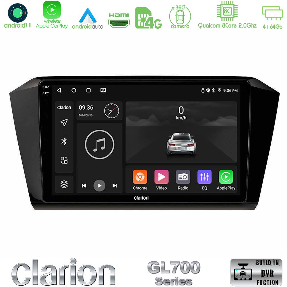 Clarion Gl700 Series 8core Android11 4+64gb vw Passat Navigation Multimedia Tablet 10 με Carplay &Amp; Android Auto u-gl7-Vw0055