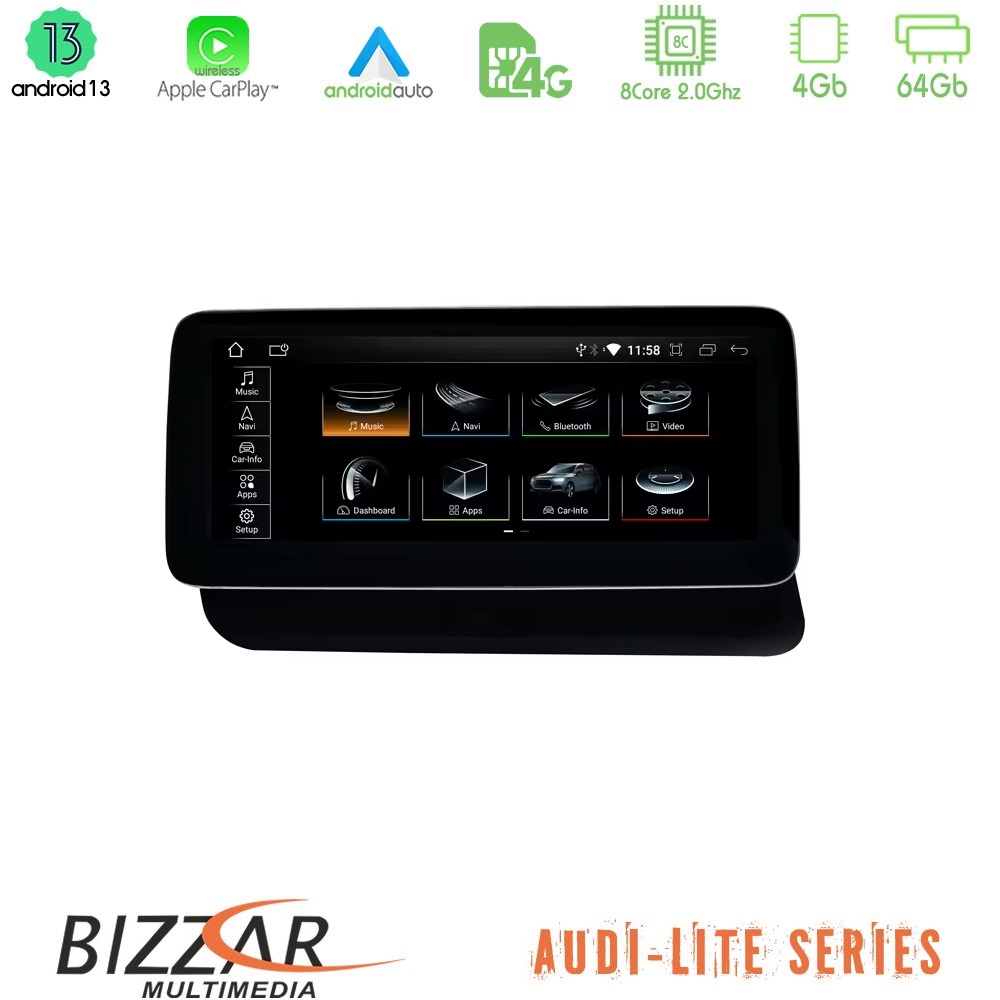 Bizzar Lite Series Audi q5 (Qr) 2008-2017 Android13 8core (4+64gb) Navigation Multimedia 10.25″ hd u-Au66111l