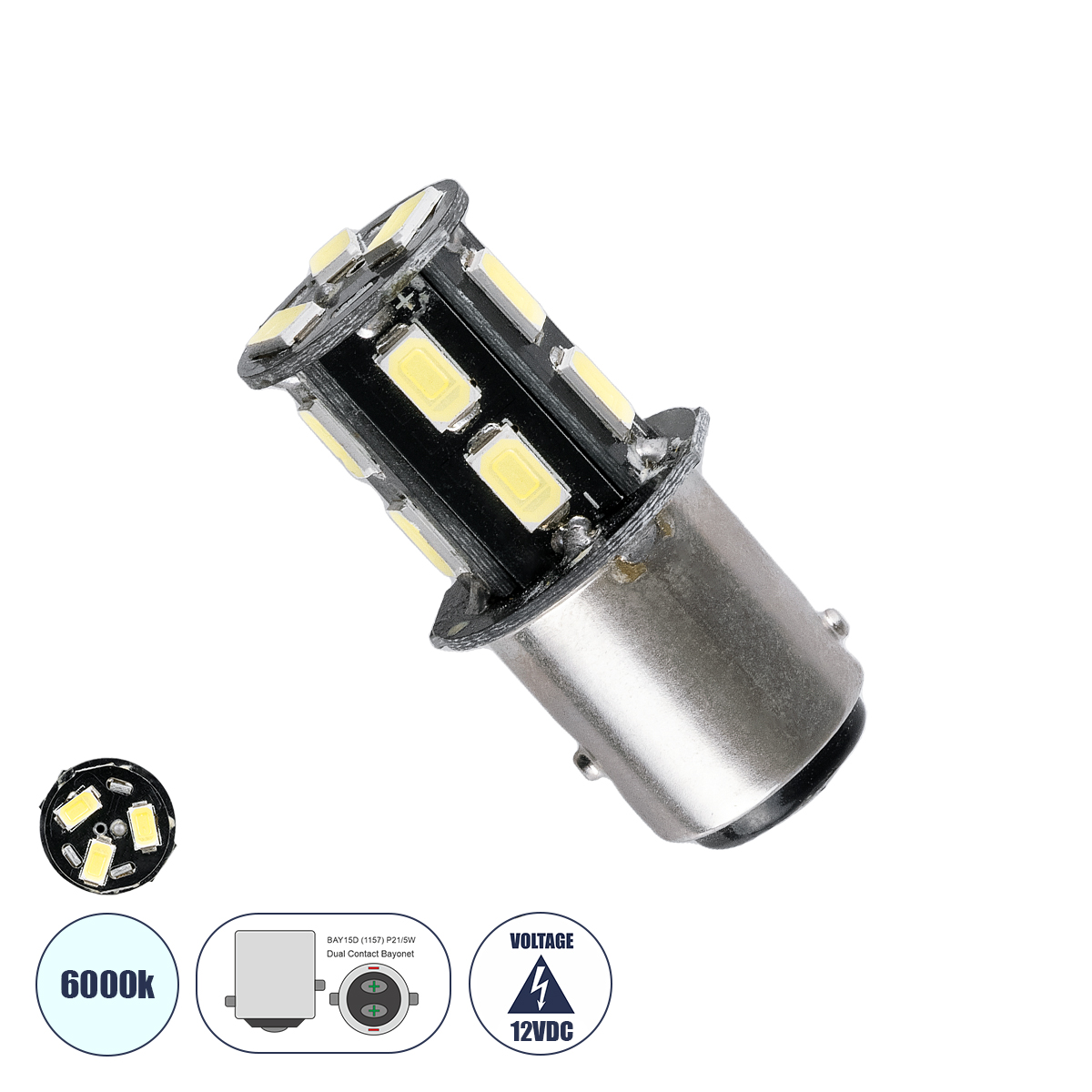 GloboStar® P21/5W 1157 1157 81207 Λάμπα Αυτοκίνητου 5630 13SMD 1.2W 455LM DC12V IP20 360° Ψυχρό Λευκό 6000K