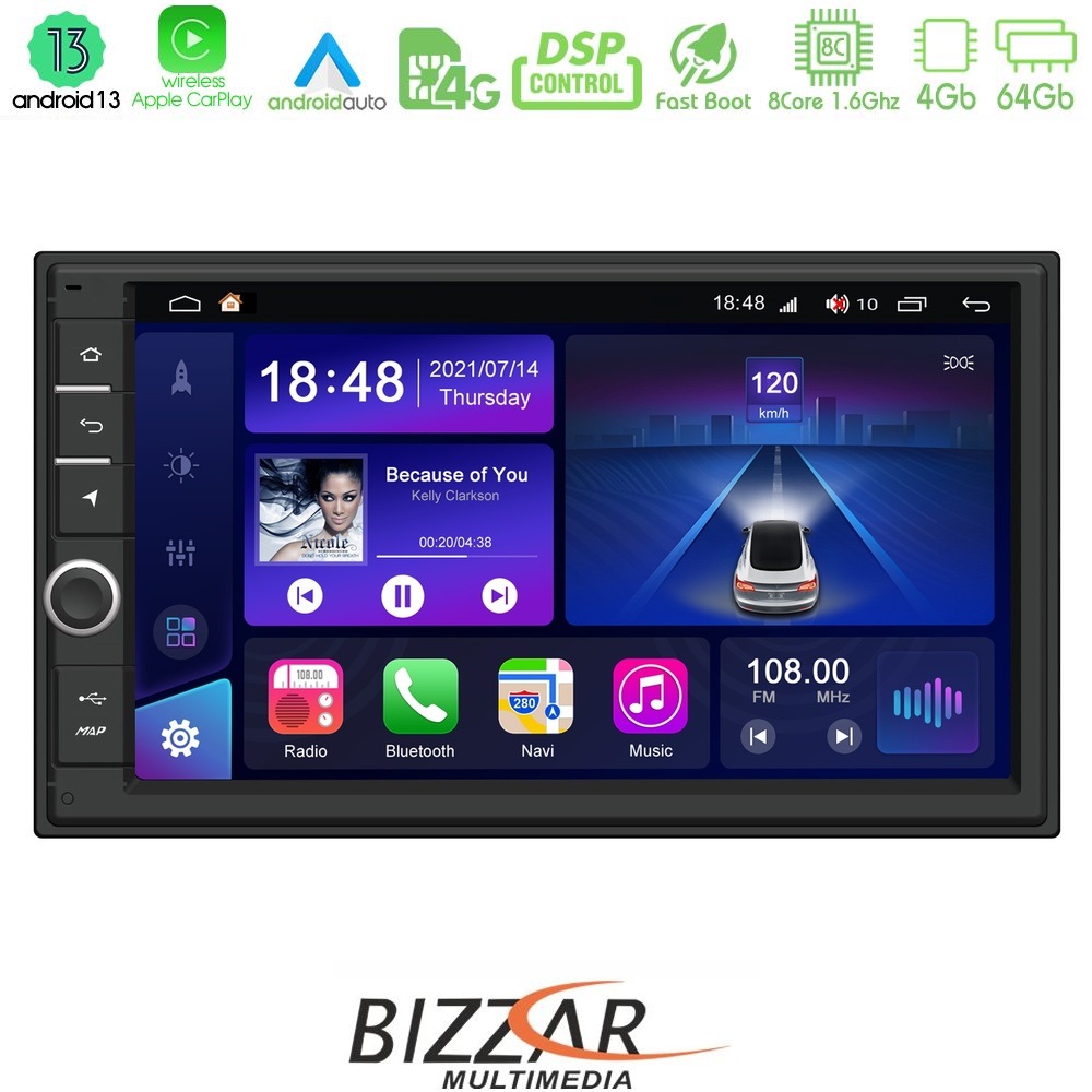 Bizzar 2din Deck 8core Android13 4+64gb Navigation Multimedia Deckless 7 με Carplay/androidauto u-Qg839a3